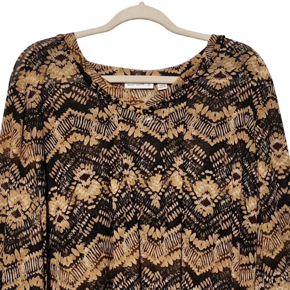 SUSAN GRAVER Abstract Print Blouse Womens Plus 1X Brown Black Sheer Tunic Top - Picture 4 of 14